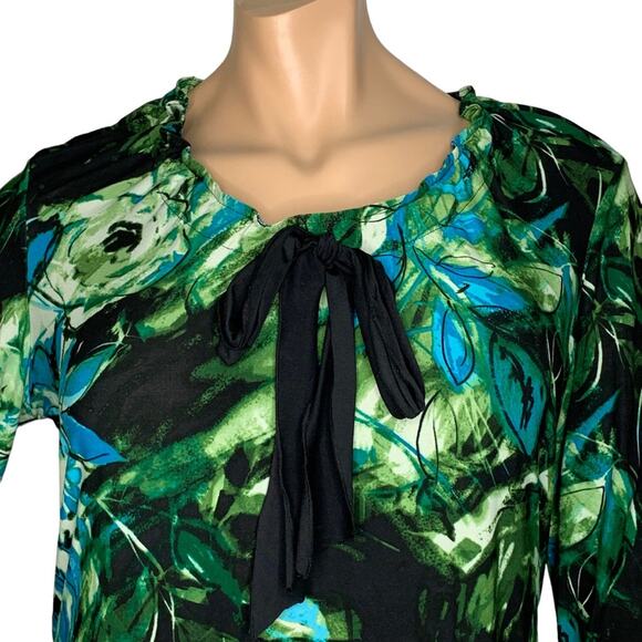 Apt. 9 Blouse Long Sleeve Roses Print Black and Green Pullover Size XL - Picture 3 of 10